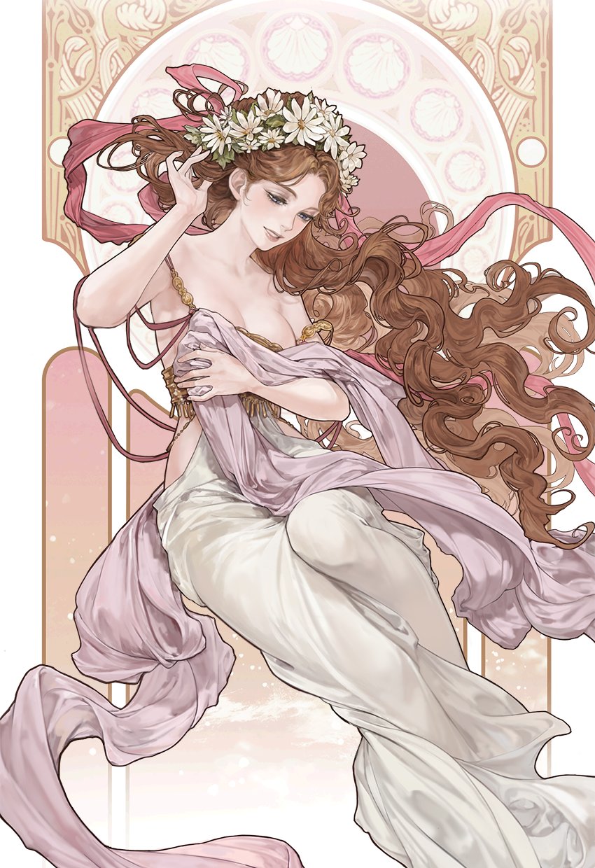 1girl ancient_greek_clothes art_nouveau bare_shoulders blue_eyes breasts brown_hair cjjcha clam cleavage collarbone commentary_request curtained_hair dress floating floating_hair flower flower_hairband full_body greco-roman_clothes grin hand_in_own_hair hand_on_own_chest hand_up highres korean_commentary long_hair looking_down medium_breasts original peplos smile solo stained_glass teeth very_long_hair wavy_hair white_dress white_flower wind