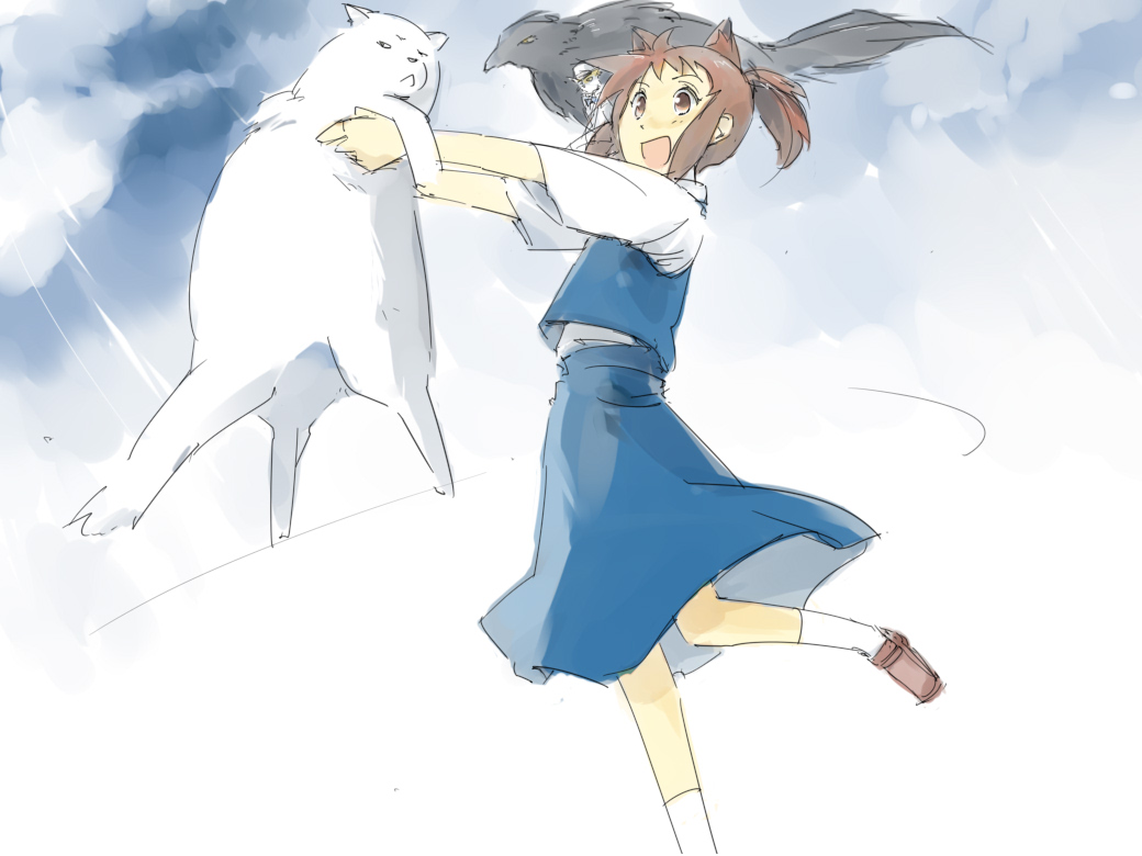 1girl :d above_clouds animal bird blue_skirt blue_vest brown_eyes brown_hair cat character_doll cloud crow doll fat fat_woman feste holding holding_animal holding_cat leg_up muta_(neko_no_ongaeshi) neko_no_ongaeshi open_mouth ponytail short_hair sidelocks skirt sky smile the_baron_(mimi_wo_sumaseba) toto_(neko_no_ongaeshi) vest white_cat yoshioka_haru