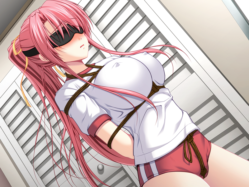 13cc 1girl arms_behind_back bdsm blindfold blush bondage bound bound_arms breast_bondage breasts buruma covered_erect_nipples crotch_rope female_focus game_cg gym_uniform hair_ornament hair_ribbon large_breasts long_hair love_bind pink_hair ponytail ribbon rope shibari shirt shizuku_onohara solo yellow_ribbon