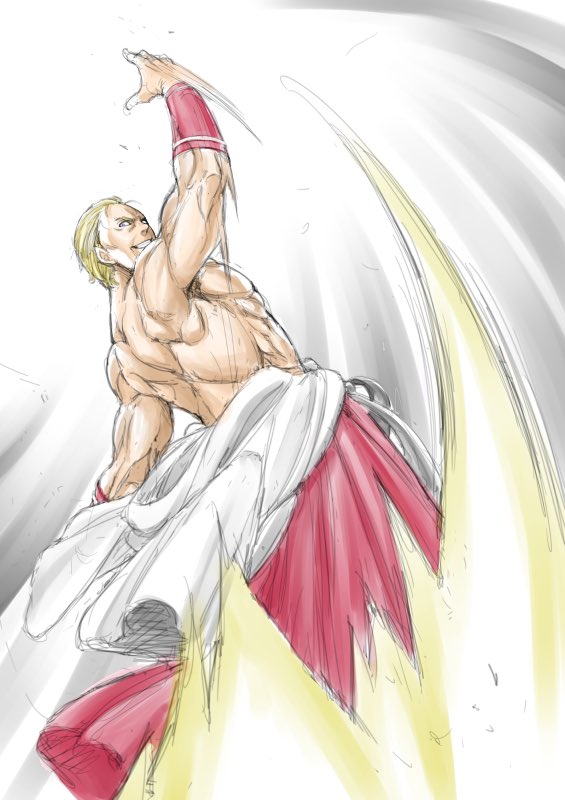 1boy aura blonde_hair geese_howard hair_slicked_back incoming_attack kazeya_kazuya male_focus motion_lines muscular muscular_male reppuken simple_background solo speed_lines the_king_of_fighters topless_male white_background