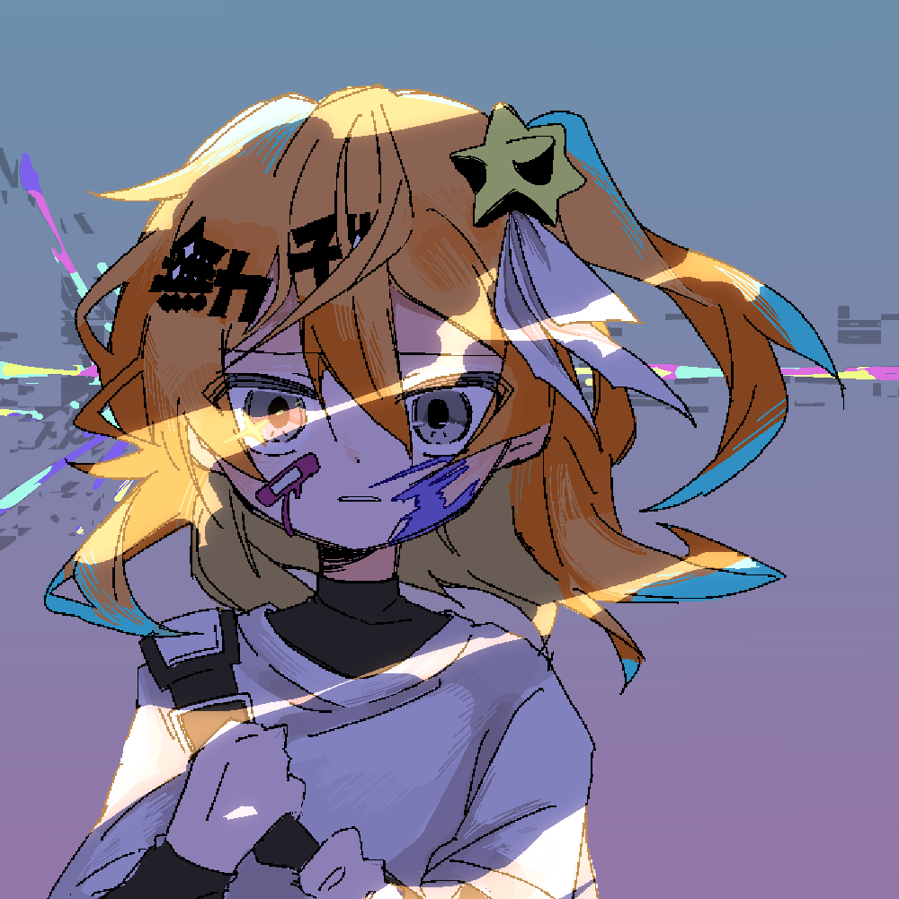 1girl a.i._voice adachi_rei alternate_costume alternate_eye_color bandaid bandaid_on_cheek bandaid_on_face black_undershirt blue_background commentary floating_hair frown furrowed_brow gradient_background grey_eyes hair_ornament hair_ribbon hands_up holding_strap kuuurusuke layered_shirt layered_sleeves long_sleeves looking_at_viewer medium_hair one_side_up parted_lips purple_background ribbon shirt short_over_long_sleeves short_sleeves shoulder_strap shuuten_chi_e_kiete_(utau) solo song_name stellated_octahedron straight-on t-shirt text_hair_ornament textless_version upper_body utau white_shirt