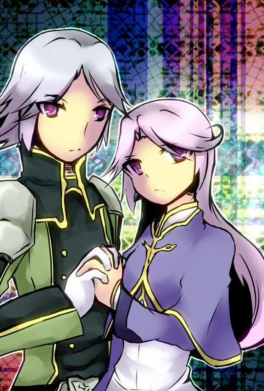 1boy 1girl belt breasts coat dios_(tales) dress gloves grey_hair long_hair meltia_(tales) purple_eyes purple_hair short_hair tales_of_(series) tales_of_phantasia:_narikiri_dungeon tales_of_phantasia:_narikiri_dungeon_x