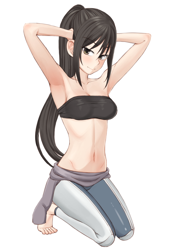 amanchu! arm_behind_head armpits arms_up bandeau bare_shoulders barefoot bikini black_bikini black_hair bodysuit breasts brown_eyes cleavage diving_suit dressing easy_(aqk7bdqt) full_body katori_mato kneeling long_hair looking_at_viewer navel ponytail simple_background smile solo stomach strapless swimsuit tube_top very_long_hair wetsuit white_background