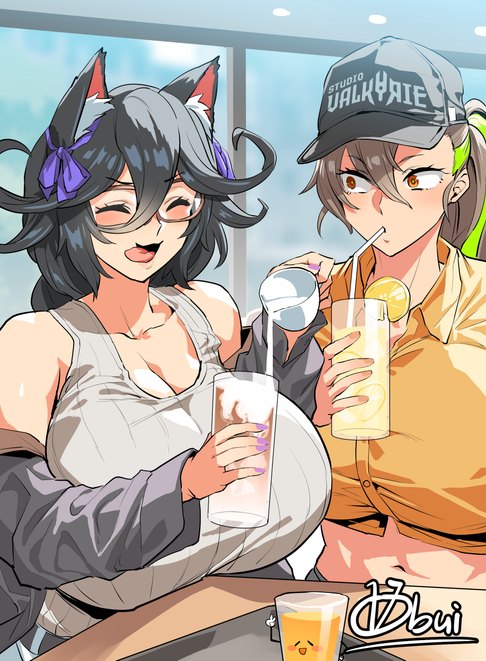 2girls animal_ears breasts cat_ears cat_girl clover_ace cup drink glasses highres huge_breasts large_breasts last_origin looking_at_another milk multicolored_hair multiple_girls navel obui orange_hair poi_(last_origin) ponytail smile tongue tongue_out two-tone_hair