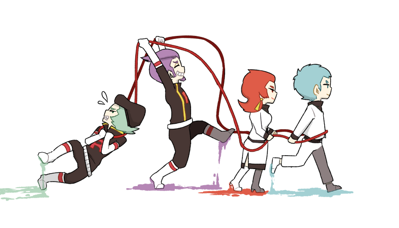 1girl 3boys archer_(pokemon) ariana_(pokemon) beard blue_hair closed_eyes deformed earrings facial_hair flying_sweatdrops from_side full_body gloves jewelry multiple_boys nintendo paint_splatter petrel_(pokemon) pokemon pokemon_hgss proton_(pokemon) purple_hair rikuhiko short_hair simple_background team_rocket team_rocket_uniform teeth white_background white_footwear white_gloves