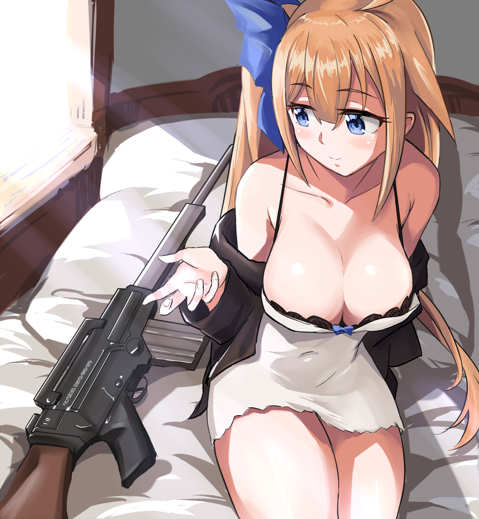 1girl arm_at_side bare_shoulders battle_rifle bed black_bra black_jacket blue_eyes blue_ribbon blush bra breasts cleavage closed_mouth collarbone cowboy_shot dress eyebrows eyelashes fal_(girls&#039;_frontline) female_focus fn_fal from_above girls&#039;_frontline gun hair_ribbon hand_up indoors jacket jacket_partially_removed large_breasts legs_together light_brown_hair long_hair looking_afar looking_down looking_to_the_side niceratus_kiotensis on_bed ponytail ribbon rifle short_dress side_ponytail sitting smile solo strapless strapless_dress underwear weapon white_dress
