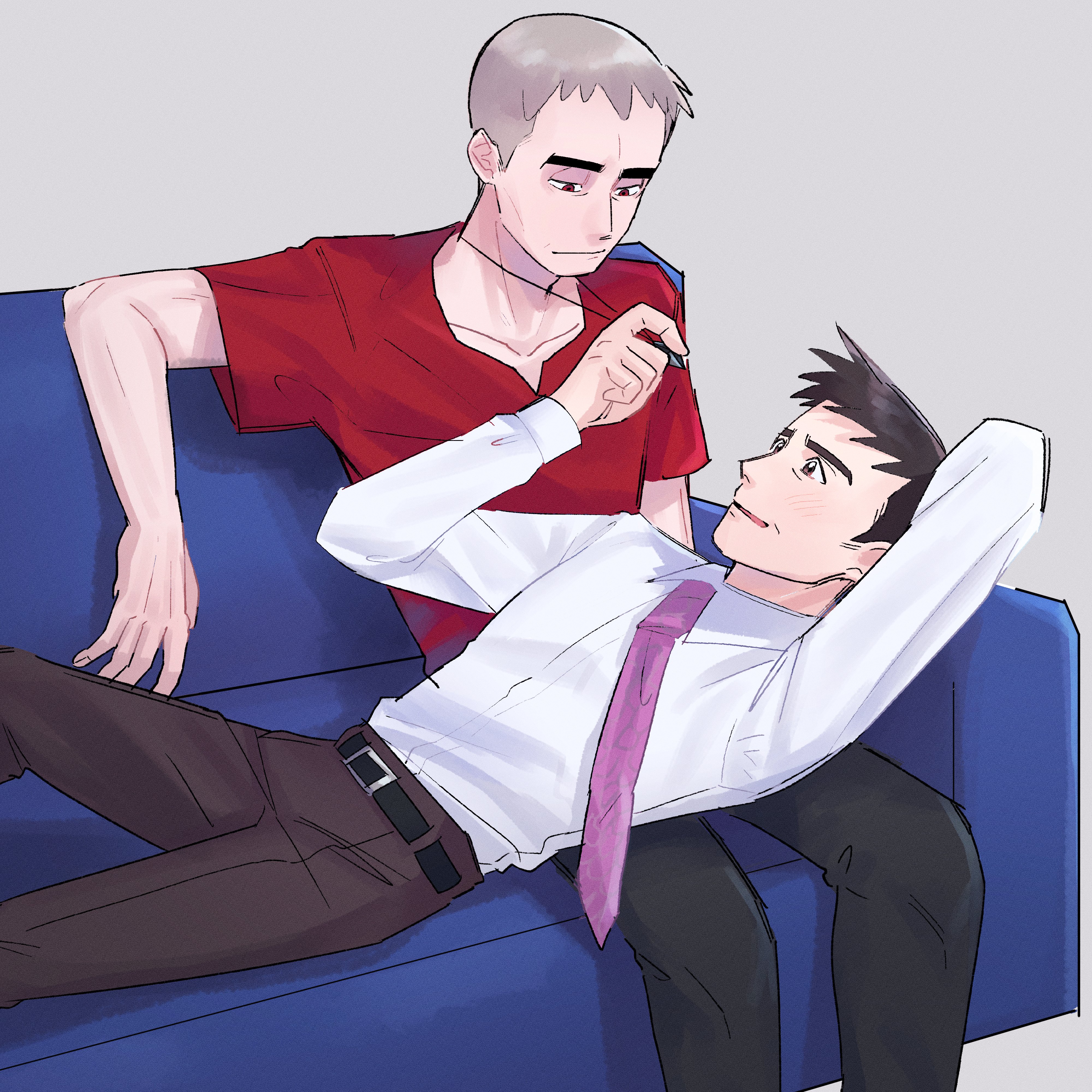 2boys absurdres belt black_pants brown_eyes brown_hair collared_shirt commentary_request couch grey_hair highres indoors jewelry looker_(pokemon) male_focus mature_male multiple_boys nanu_(pokemon) necklace necktie nintendo on_couch open_mouth pants papurikagakusyu pokemon pokemon_dppt pokemon_platinum pokemon_sm purple_necktie red_eyes red_shirt shirt short_hair smile thick_eyebrows white_shirt yaoi