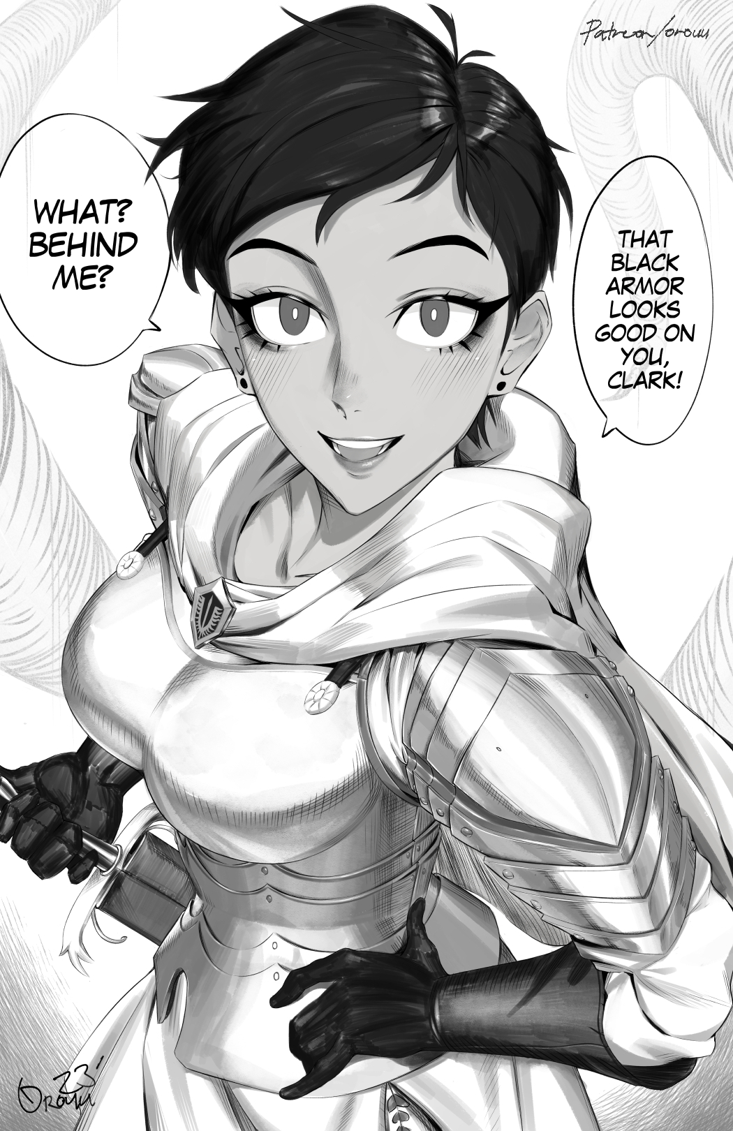 1girl armor berserk black_gloves black_hair blush breastplate breasts bright_pupils cape casca_(berserk)_(cosplay) cosplay dated dc_comics earrings english_text gloves greyscale hand_on_own_hip highres jewelry large_breasts lois_lane looking_at_viewer monochrome my_adventures_with_superman open_mouth orouu patreon_username pauldrons pixie_cut short_hair shoulder_armor signature solo speech_bubble superman_(series) sword tan tomboy weapon white_pupils