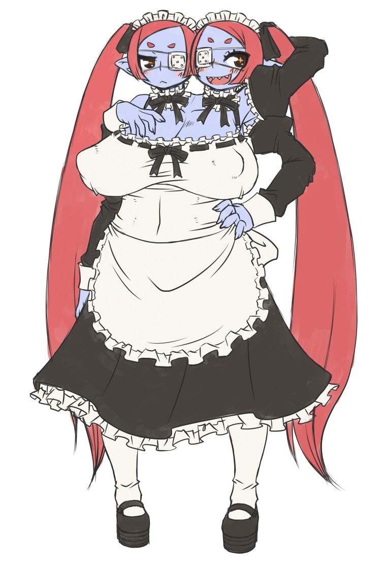 +_+ 1girl :&lt; apron arm_behind_head bad_id bad_pixiv_id blush breasts choker cleavage colored_skin commentary_request dress extra_arms eyebrows eyepatch facing_viewer female_focus frills hand_on_own_hip huge_breasts jon_henry_nam long_hair looking_at_viewer maid maid_apron maid_headdress mary_janes monster_girl multiple_heads original purple_skin red_hair sharp_teeth shoes side_ponytail simple_background smile solo teeth two_heads very_long_hair white_background white_legwear wrist_cuffs