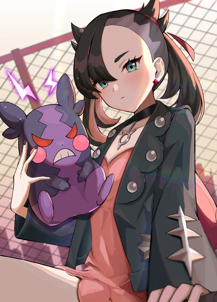 1girl asymmetrical_bangs black_choker black_hair black_jacket black_nails blush choker closed_mouth dress earrings gen_8_pokemon green_eyes hair_ribbon jacket jewelry long_sleeves looking_at_viewer marnie_(pokemon) morpeko morpeko_(hangry) nintendo open_clothes pink_dress pokemon pokemon_(creature) pokemon_swsh red_ribbon ribbon setta_shu solo twintails