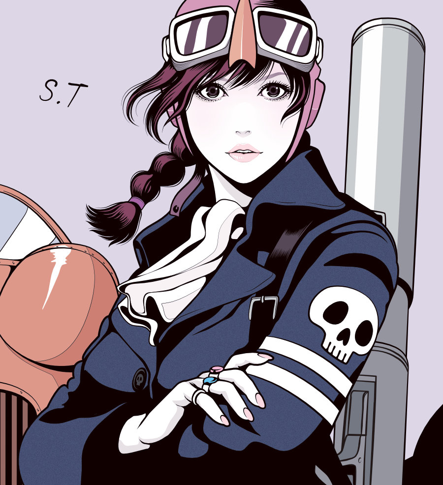 1girl aged_down ascot blue_jacket braid commentary_request crossed_arms dola_(laputa) eyelashes eyeshadow eyewear_on_head flat_color helmet jacket jewelry limited_palette lips looking_at_viewer makeup medium_hair multiple_rings pale_skin parted_lips pink_lips pink_nails purple_background purple_eyes purple_hair ring signature simple_background skull_print solo takanashi_shin teeth tenkuu_no_shiro_laputa twin_braids upper_body white_ascot