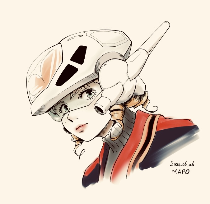 2024 battroid blonde_hair blue_eyes commentary_request dated freckles headgear helmet korean_commentary looking_at_viewer macross macross_2 mecha mecha_musume n.u.n.s. portrait red_lips robot science_fiction serious signature sylvie_gena u.n._spacy uniform upper_body user_xtzh5525 vf-2ss
