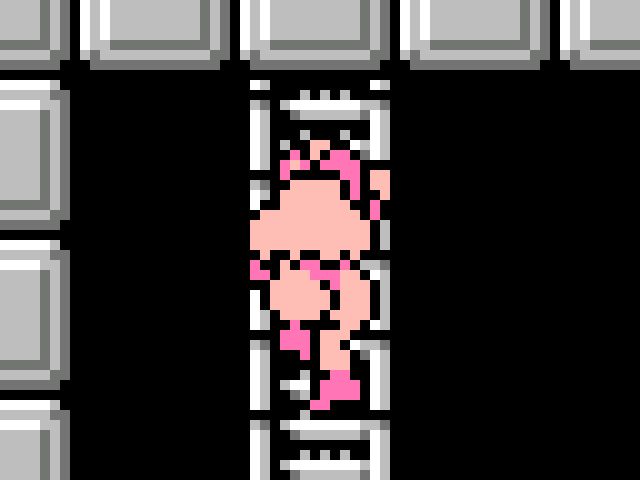 1girl aphrodite_(the_maze_of_galious) armor ass bikini bikini_armor blonde_hair chibi climbing from_behind helmet knightmare_(game) konami ladder long_hair pink_armor pink_bikini pink_helmet pink_shoes pixel_art saiwai_hiroshi shoes swimsuit the_maze_of_galious
