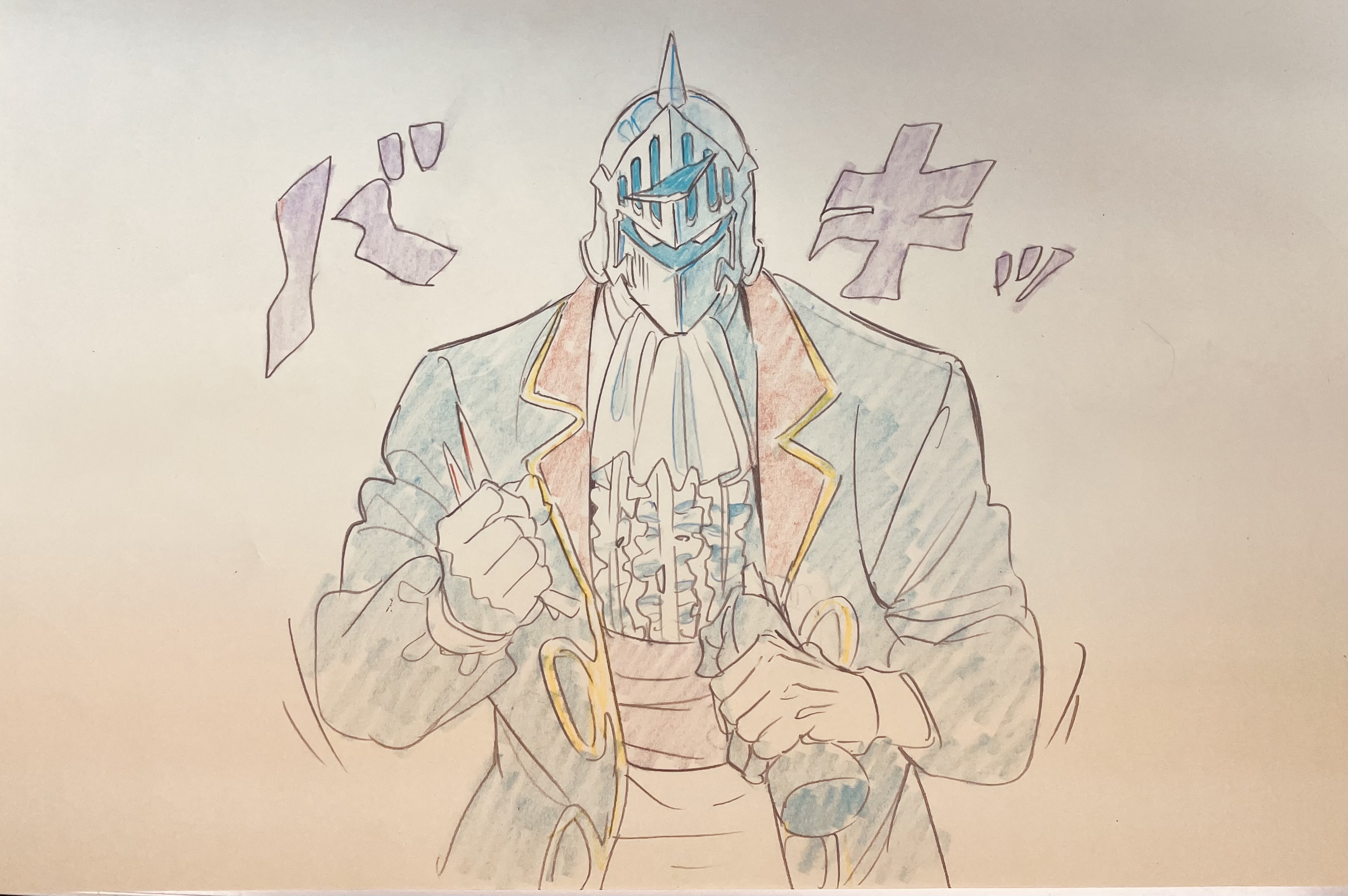 1boy abs absurdres armor clenched_hands formal_clothes helmet highres kinnikuman looking_at_viewer photo_(medium) robin_mask solo sushio