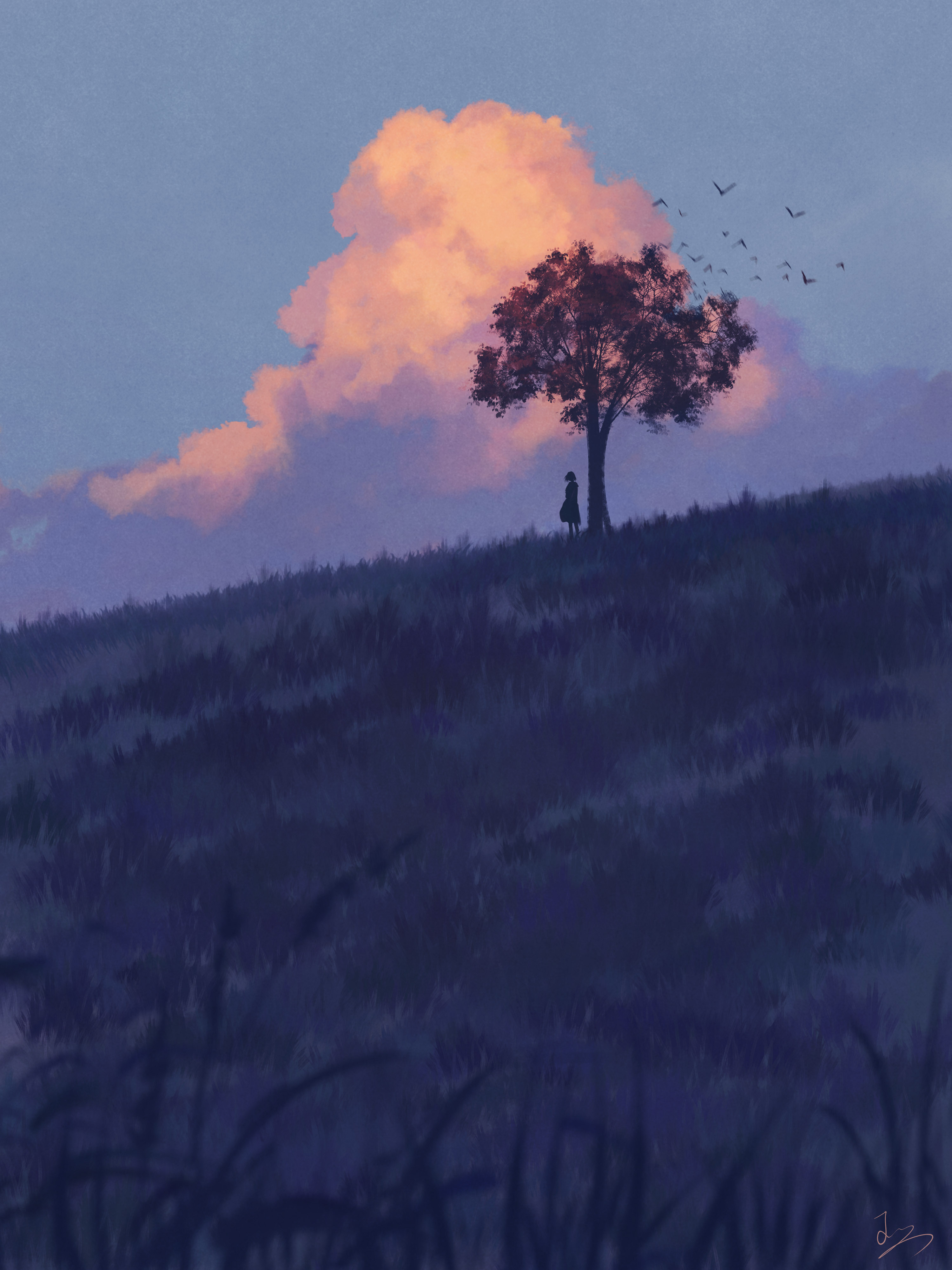 1girl absurdres bird blue_sky chinese_commentary cloud cloudy_sky commentary_request cumulonimbus_cloud day field flock grass highres hill huashijw original outdoors scenery short_hair signature silhouette sky solo tree very_wide_shot