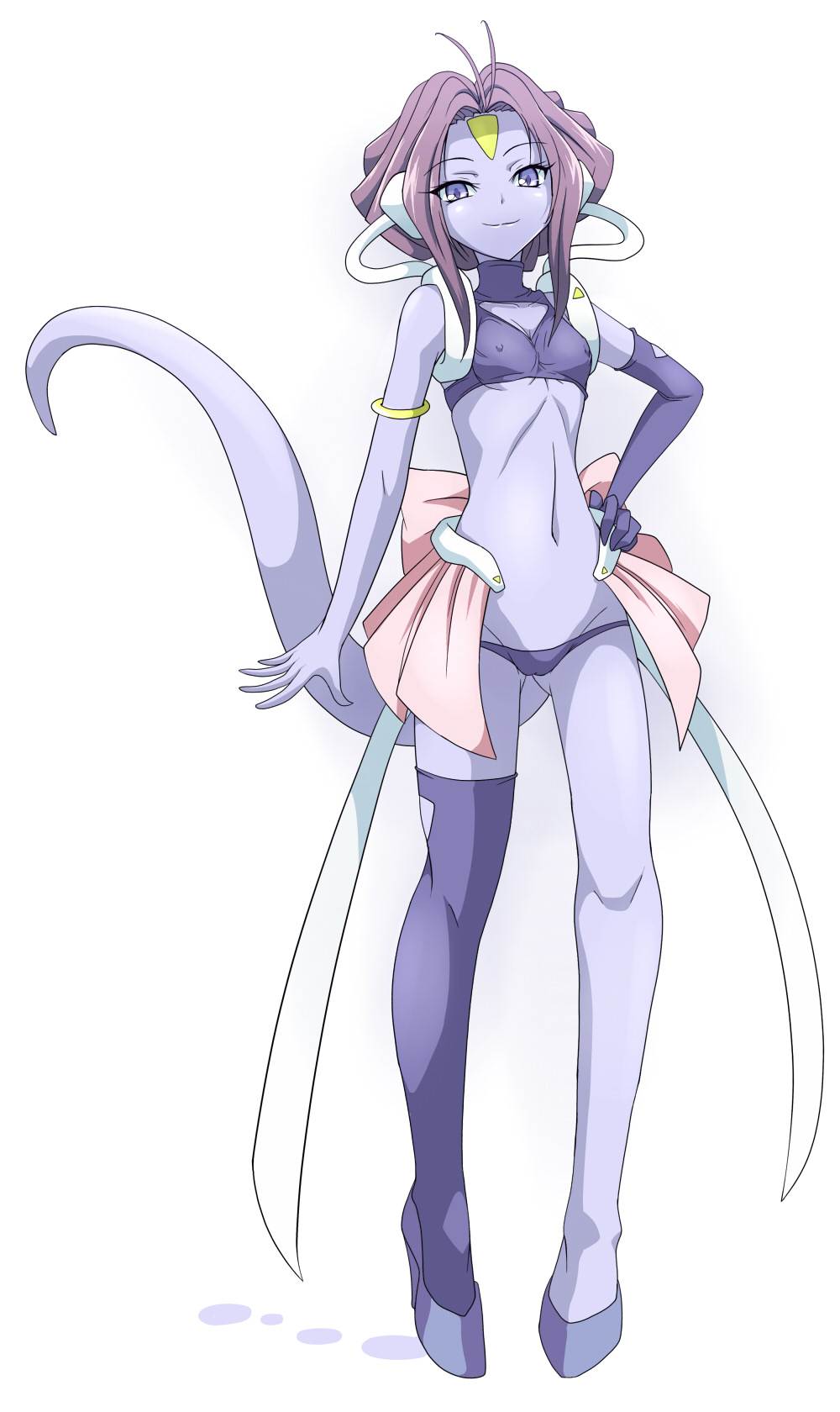 1girl bishoujo_senshi_sailor_moon bishoujo_senshi_sailor_moon_(first_season) blue_eyes blue_panties blue_skin breasts cameltoe clam_curry cleavage_cutout clothing_cutout colored_skin covered_erect_nipples crop_top facial_mark female_focus forehead_mark full_body gloves hand_on_own_hip high_heels highres midriff monster_girl navel panties pollux_(sailor_moon) purple_hair showgirl_skirt simple_background single_glove single_thighhigh small_breasts smile solo standing tail_raised thighhighs underwear white_background