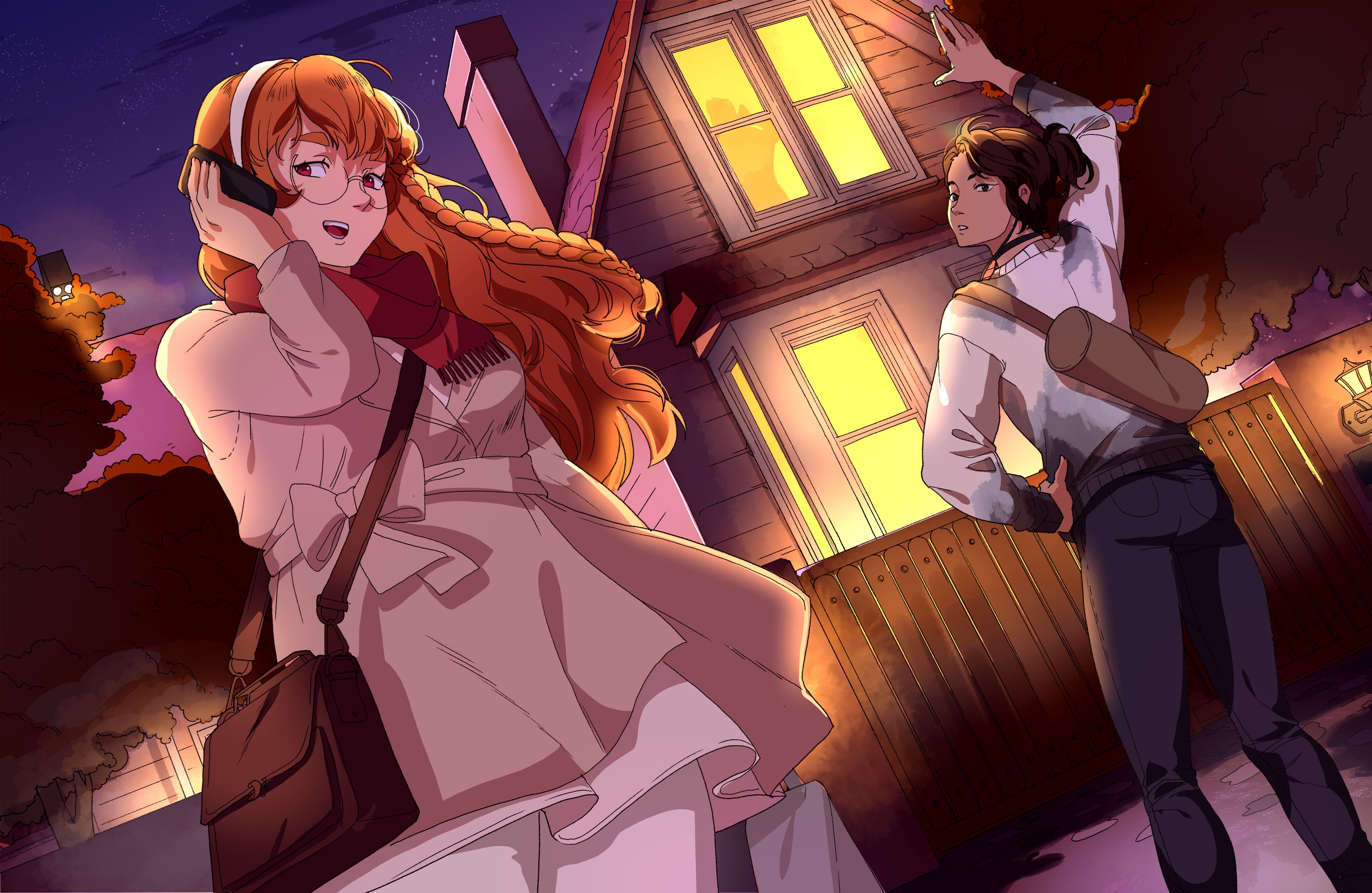 2girls :d absurdres arm_up autumn bag bow braid brown_eyes building chimney dress dutch_angle fence full_body ganemclain glasses grin hair_flowing_over headband highres holding holding_bag holding_phone jacket looking_at_another looking_at_phone multiple_girls night open_mouth orange_hair orange_tree our_life:_now_and_forever out_of_frame phone qiu_lin_(our_life) shoulder_bag side_braid sky smile star_(sky) starry_sky sweater talking_on_phone tamarack_baumann teeth upper_teeth_only waistband wall_lamp waving white_dress white_sweater window_light