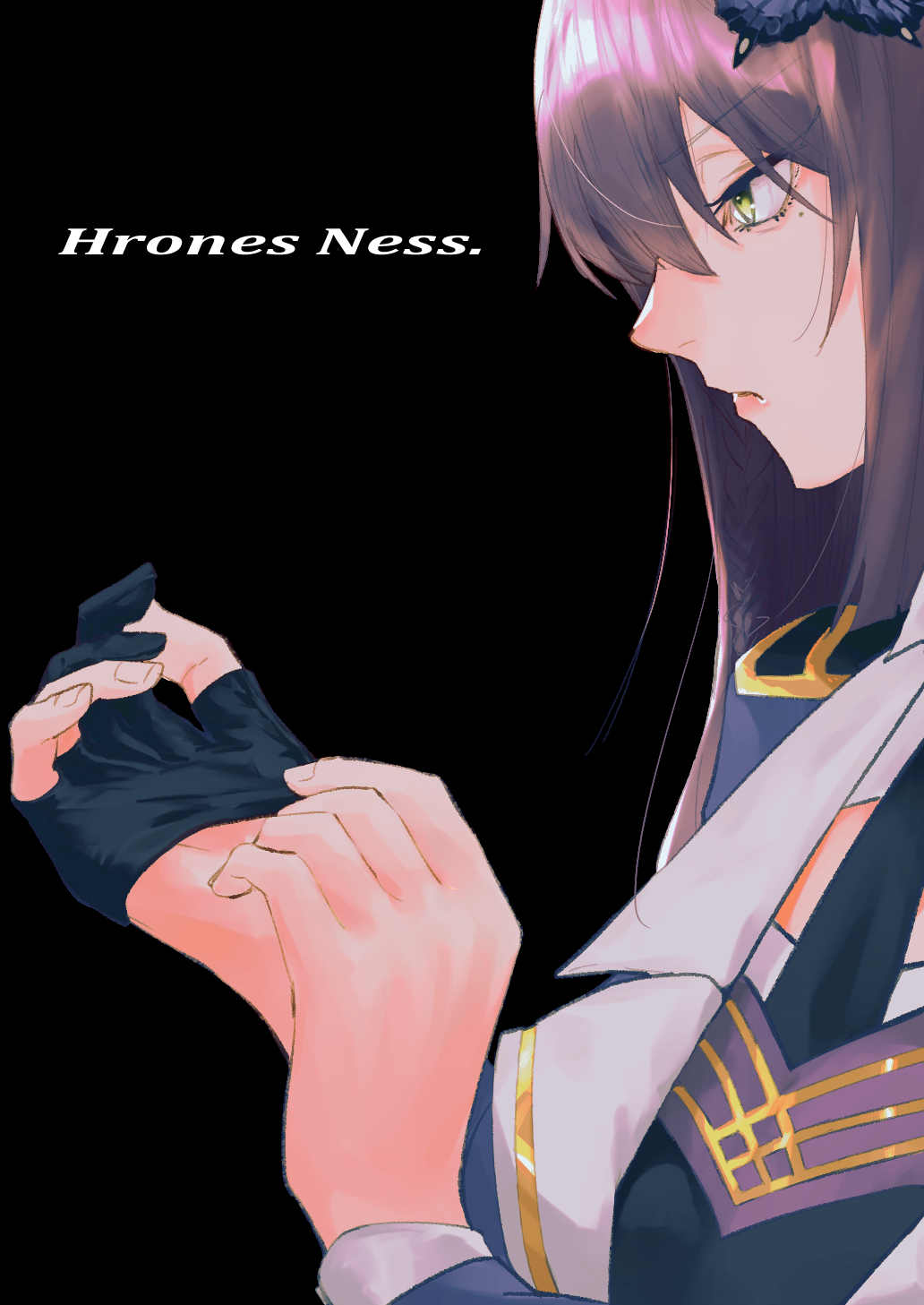 1girl assault_lily black_background black_gloves black_necktie black_shirt blue_jacket braid breasts butterfly_hair_ornament closed_mouth commentary_request doanobu8817 epaulettes from_side funada_kiito gloves green_eyes group_name hair_between_eyes hair_ornament half_gloves hands_up highres jacket large_breasts long_hair long_sleeves looking_ahead mole mole_under_eye necktie profile purple_hair putting_on_gloves shirt side_braid simple_background single_braid single_glove single_half_glove solo upper_body