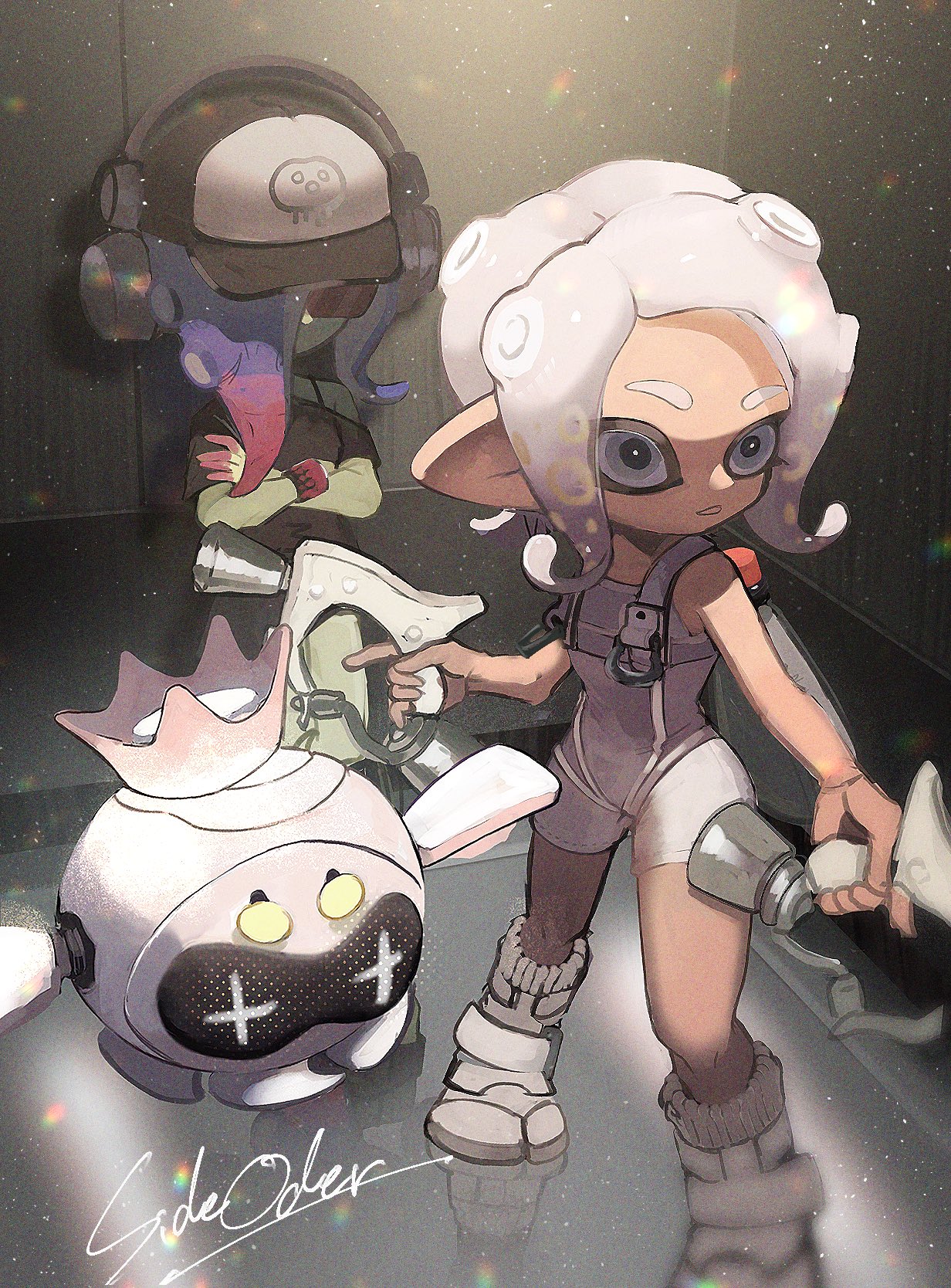 2girls agent_8_(splatoon) asymmetrical_hair baseball_cap black_dress blue_hair bodysuit boots bracelet colored_skin copyright_name crossed_arms dedf1sh dress drone dual_wielding elevator full_body green_skin grey_eyes hair_over_one_eye hat headphones headphones_over_headwear highres holding holding_weapon ink_tank_(splatoon) jewelry light_particles long_hair looking_ahead multicolored_hair multiple_girls nintendo non-humanoid_robot octoling octoling_girl octoling_player_character off-shoulder_dress off_shoulder okaranko order_dualies_(splatoon) parted_bangs parted_lips pearl_(splatoon) pearl_drone_(splatoon) red-tinted_eyewear red_hair robot sanitized_(splatoon) short_hair short_sleeves single_bare_shoulder sleeveless sleeveless_bodysuit socks splatoon_(series) splatoon_3 splatoon_3:_side_order standing suction_cups sunglasses tentacle_hair tinted_eyewear two-tone_hair weapon white_bodysuit white_footwear white_hair white_socks
