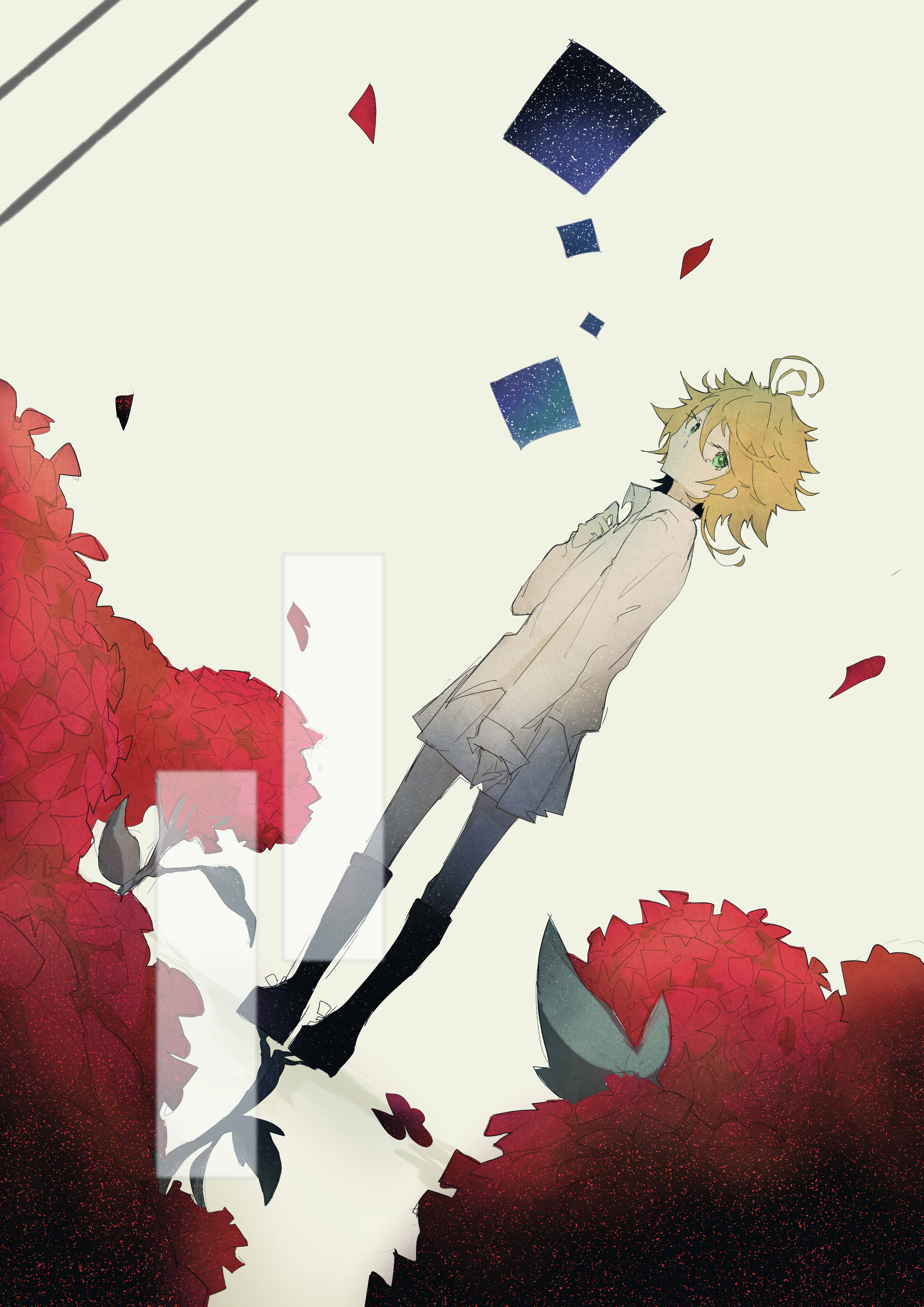 1girl absurdres ahoge black_boots boots closed_mouth collared_shirt dinned emma_(yakusoku_no_neverland) expressionless eyelashes flower full_body green_eyes hair_between_eyes hand_on_own_chest highres knee_boots leaf long_sleeves looking_at_viewer looking_back messy_hair miniskirt night night_sky orange_hair petals pleated_skirt red_flower school_uniform shirt skirt sky sleeves_past_wrists solo standing star_(sky) starry_sky white_background white_shirt white_skirt window yakusoku_no_neverland