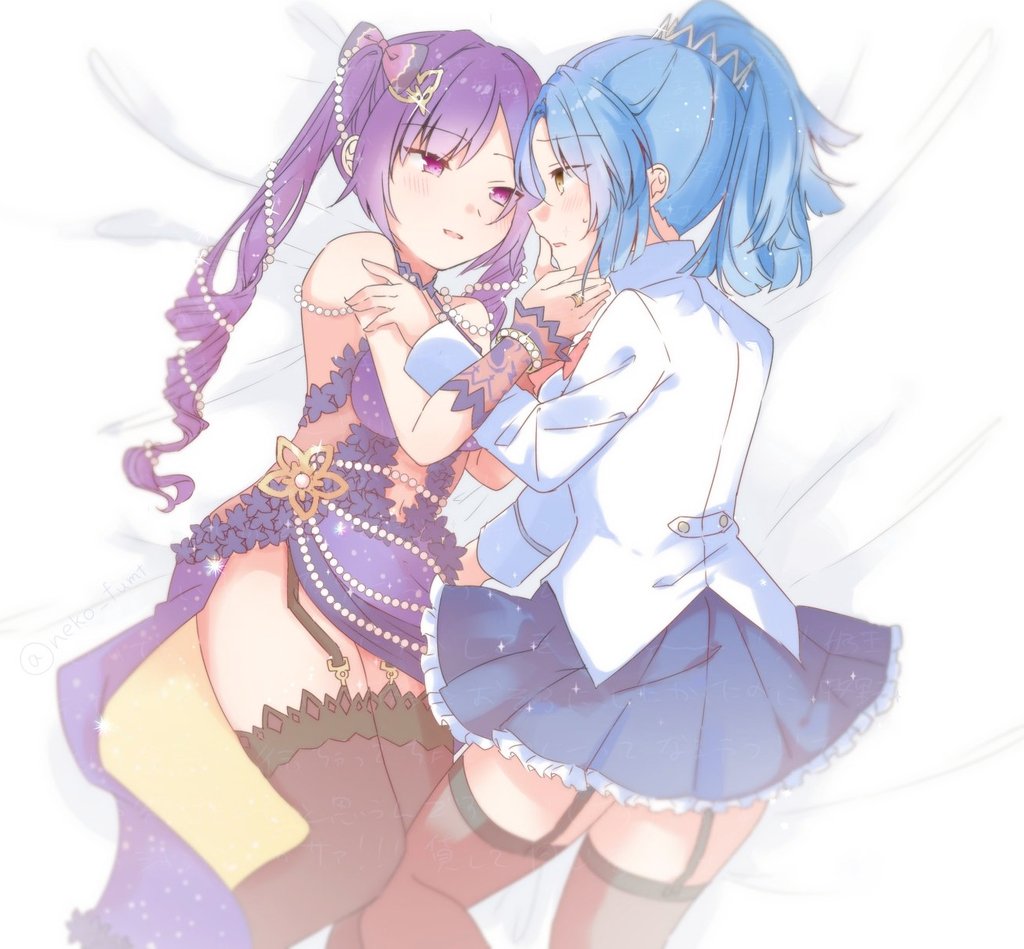 2girls assault_lily bare_shoulders bed_sheet benini black_bow blue_skirt blush bow breasts brown_thighhighs detached_sleeves dress evening_gown eye_contact face-to-face feet_out_of_frame garter_straps glint hair_bow hair_ornament hairclip halter_dress halterneck hand_on_another&#039;s_arm hand_on_another&#039;s_chin hand_up hands_up herensuge_girls_academy_school_uniform high_ponytail jacket jewelry light_smile long_hair long_sleeves looking_at_another lying makino_mitake matsumura_fuuka medium_breasts miniskirt multiple_girls official_alternate_costume on_side parted_lips pearl_hair_ornament pink_bow pink_eyes ponytail profile purple_dress purple_hair ring school_uniform short_hair short_sleeves side_slit skirt sleeveless sleeveless_dress sleeves_past_wrists sweatdrop thighhighs twintails two-tone_bow white_jacket yellow_eyes yuri zettai_ryouiki