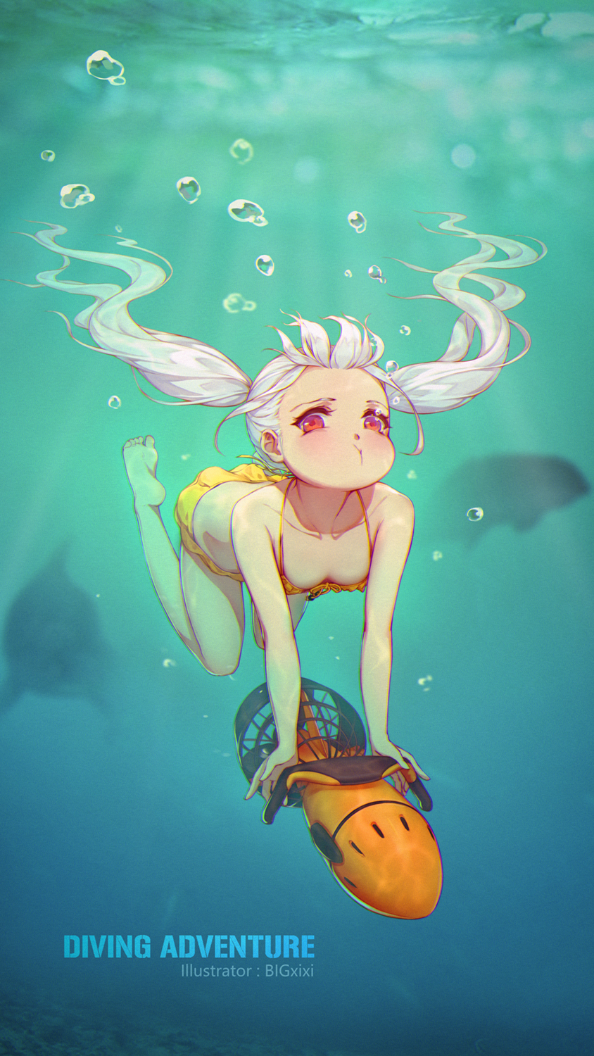 1girl air_bubble animal bare_shoulders barefoot bigxixi bikini blurry blush breasts bubble collarbone depth_of_field dive_scooter diving dolphin floating_hair freediving highres holding holding_breath looking_at_viewer original pout puffy_cheeks red_eyes sidelocks silhouette small_breasts solo swimming swimsuit twintails underwater white_hair yellow_bikini