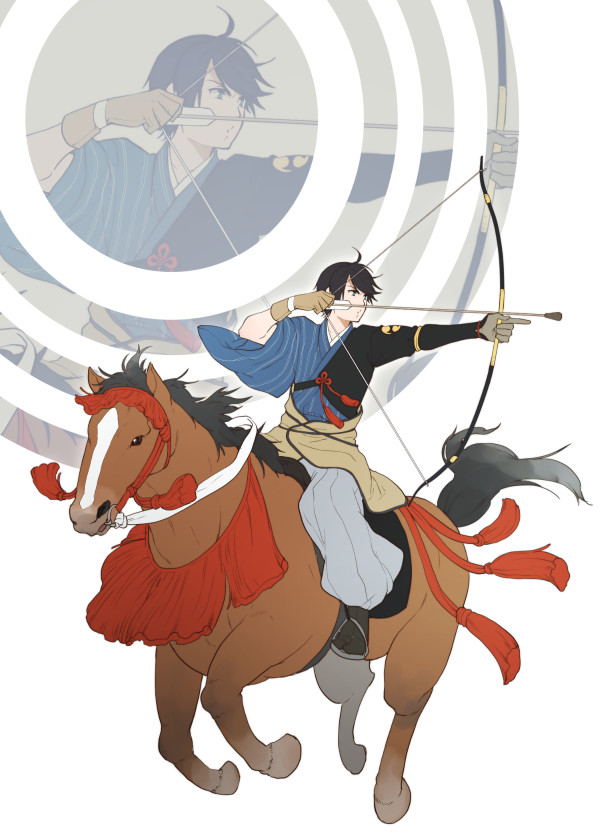 10s 1boy ahoge archery arrow_(projectile) black_hair bow_(weapon) drawing_bow hakama hakama_short_skirt hakama_skirt holding holding_arrow holding_bow_(weapon) holding_weapon horikawa_kunihiro horse horseback_archery horseback_riding japanese_clothes male_focus muneate riding sandals skirt solo tabi touken_ranbu weapon yuzuru