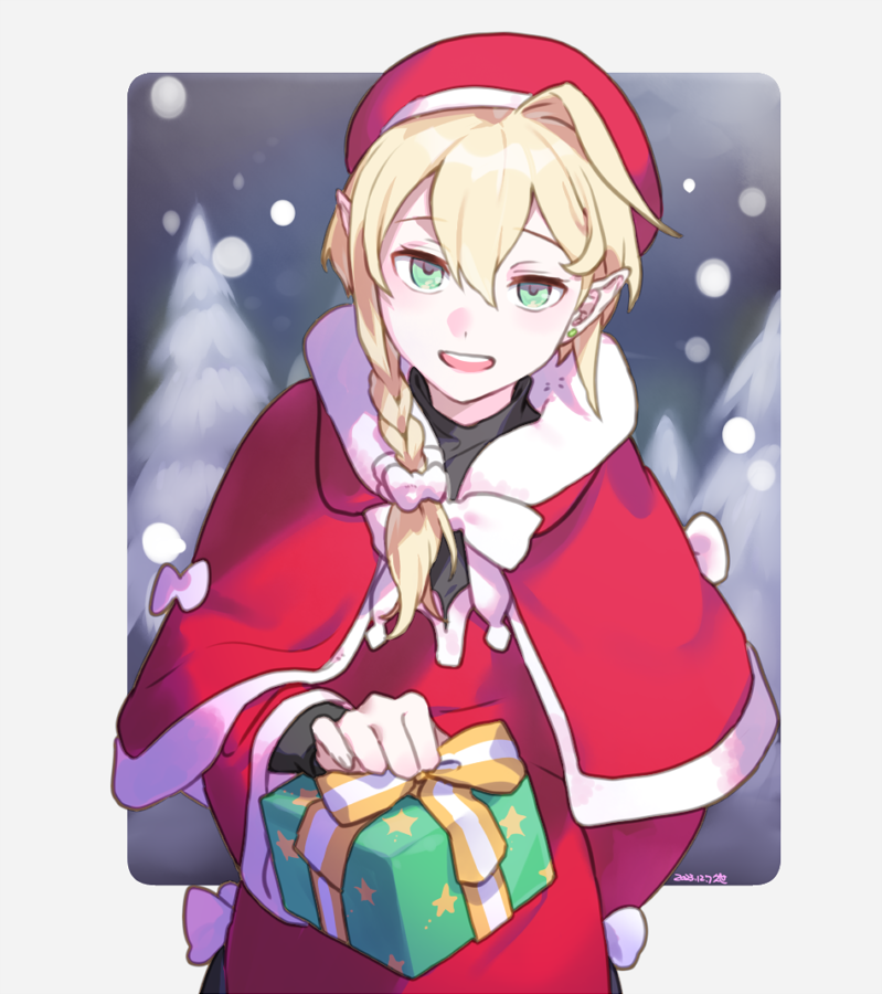 1girl ahoge blonde_hair braid capelet christmas dated earrings elf fir_tree fur_trim gift green_eyes holding holding_gift jewelry kuze_(ira) original outdoors pointy_ears red_capelet red_headwear santa_costume single_earring snow solo tree