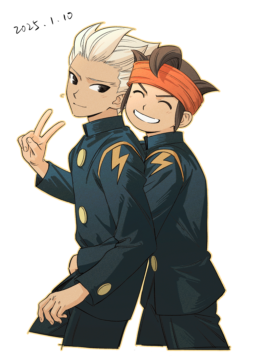 2boys black_eyes black_jacket black_pants brown_hair chacha_(o0artemisia0o) closed_eyes closed_mouth dark-skinned_male dark_skin dated endou_mamoru gakuran gouenji_shuuya headband highres hug hug_from_behind inazuma_eleven inazuma_eleven_(series) jacket lightning_bolt_symbol looking_at_viewer male_focus multiple_boys orange_headband pants parted_lips raimon raimon_school_uniform school_uniform simple_background smile upper_body v white_background white_hair