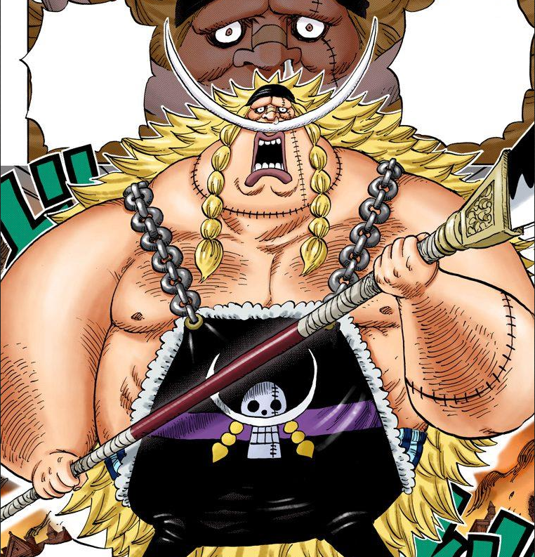 apron black_apron blonde_hair cane edward_weevil facial_hair fat fat_man mustache one_piece skull skull_print string tagme