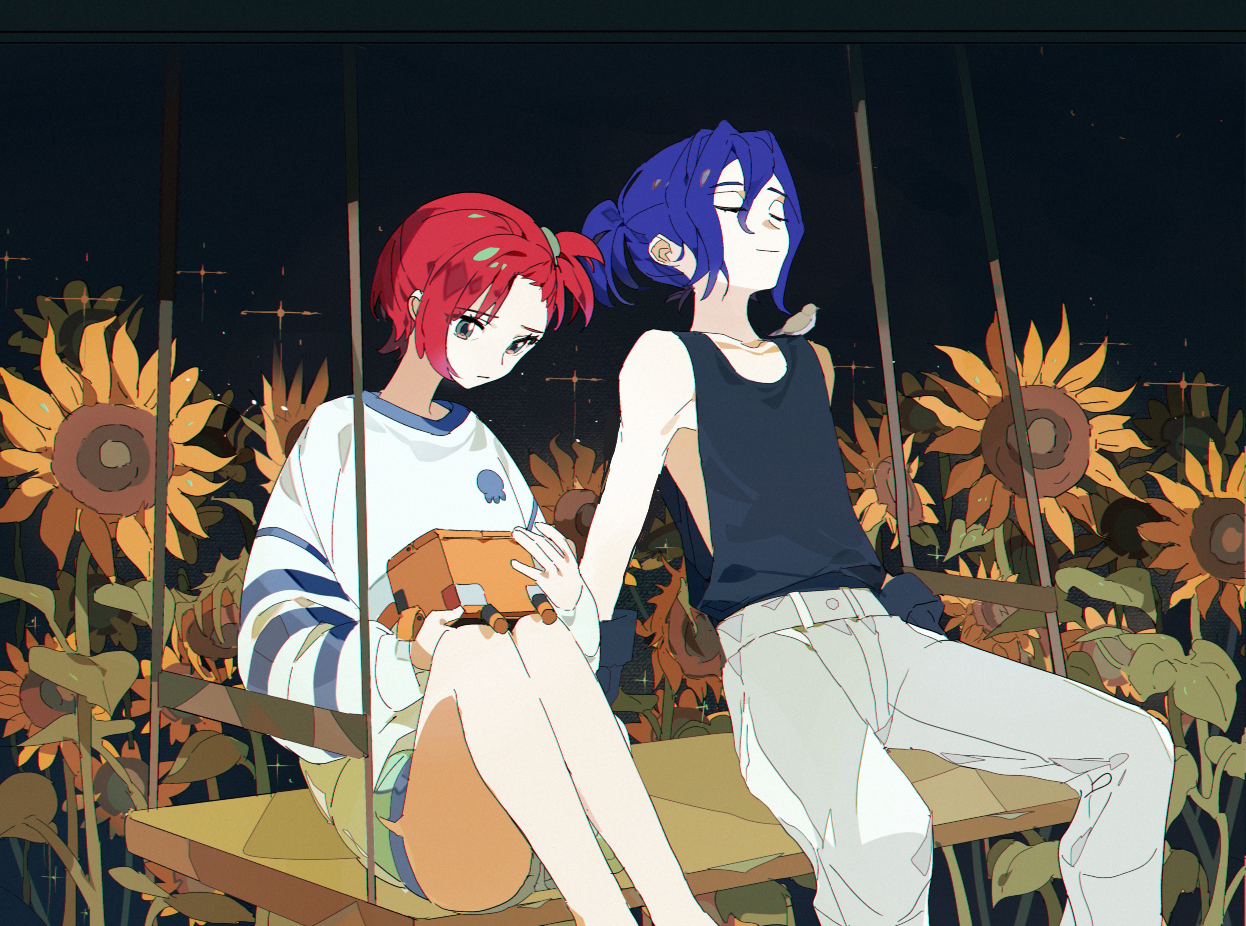 1boy 1girl absurdres amate_yuzuriha aqua_eyes blue_hair chinese_commentary closed_eyes commentary_request flower gundam gundam_gquuuuuux highres long_sleeves night night_sky non-humanoid_robot on_swing one_side_up outdoors pants ponytail red_hair robot shirosaki20 short_hair short_shorts shorts shuji_ito sitting sky sleeveless smile sunflower sweater swing tank_top
