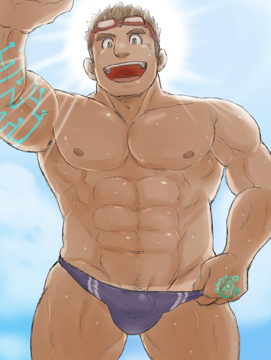 1boy :d abs alternate_costume arm_tattoo armpit_peek bara beach blue_male_swimwear blue_sky blue_swim_briefs body_markings bulge clothes_pull commentary_request cowboy_shot eyewear_on_head feet_out_of_frame from_below goggles goggles_on_head hand_tattoo highres hima_hawa kajiya_kurogane large_pectorals long_sideburns looking_at_viewer looking_down male_focus male_swimwear male_swimwear_pull muscular muscular_male navel navel_hair nipples open_mouth pectorals pulling_own_clothes short_hair sideburns sky smile solo stomach sunlight swim_briefs swim_briefs_pull swim_goggles swimsuit tan tanline tattoo thick_eyebrows thick_thighs thighs tokyo_houkago_summoners topless_male wet