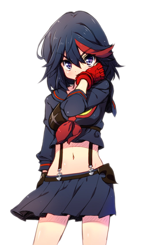10s 1girl black_hair blue_eyes fingerless_gloves gloves kill_la_kill living_clothes long_sleeves matoi_ryuuko midriff multicolored_hair navel pandaki_(aki) red_hair school_uniform senketsu short_hair skirt suspenders two-tone_hair