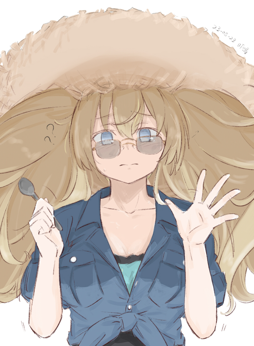 1girl ? ?? black_shirt blonde_hair blue_eyes blue_shirt breast_pocket gambier_bay_(kancolle) gambier_bay_(summer)_(kancolle) hat hikashima_(shiofune) kantai_collection long_hair looking_at_viewer official_alternate_costume pocket shirt solo spool straw_hat sunglasses tied_shirt upper_body