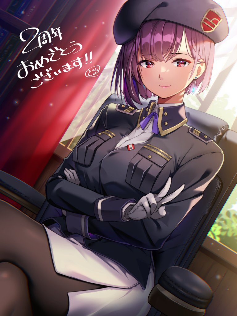 1girl beret chikuwa0u0 closed_mouth collared_shirt earrings gloves hat heaven_burns_red jacket jewelry long_sleeves looking_at_viewer military_uniform purple_hair red_eyes shirt short_hair skirt solo tezuka_saki
