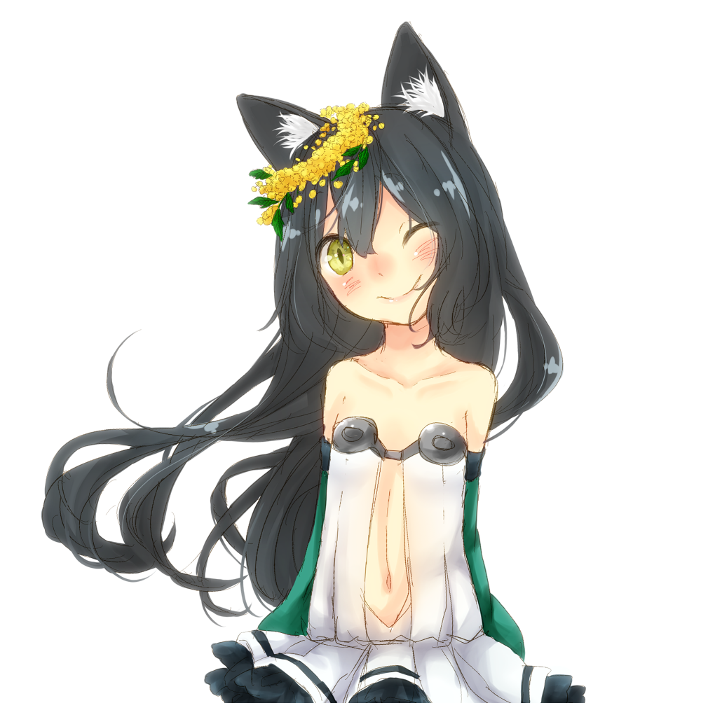 1girl alchemist_(ragnarok_online) alternate_color animal_ear_fluff animal_ears black_hair blush cat_ears cat_girl closed_mouth commentary_request detached_sleeves dress flat_chest flower green_sleeves hair_flower hair_ornament head_tilt long_hair looking_at_viewer meiko_(nattu303) navel one_eye_closed plunging_neckline ragnarok_online simple_background smile solo strapless strapless_dress upper_body white_background white_dress yellow_eyes yellow_flower