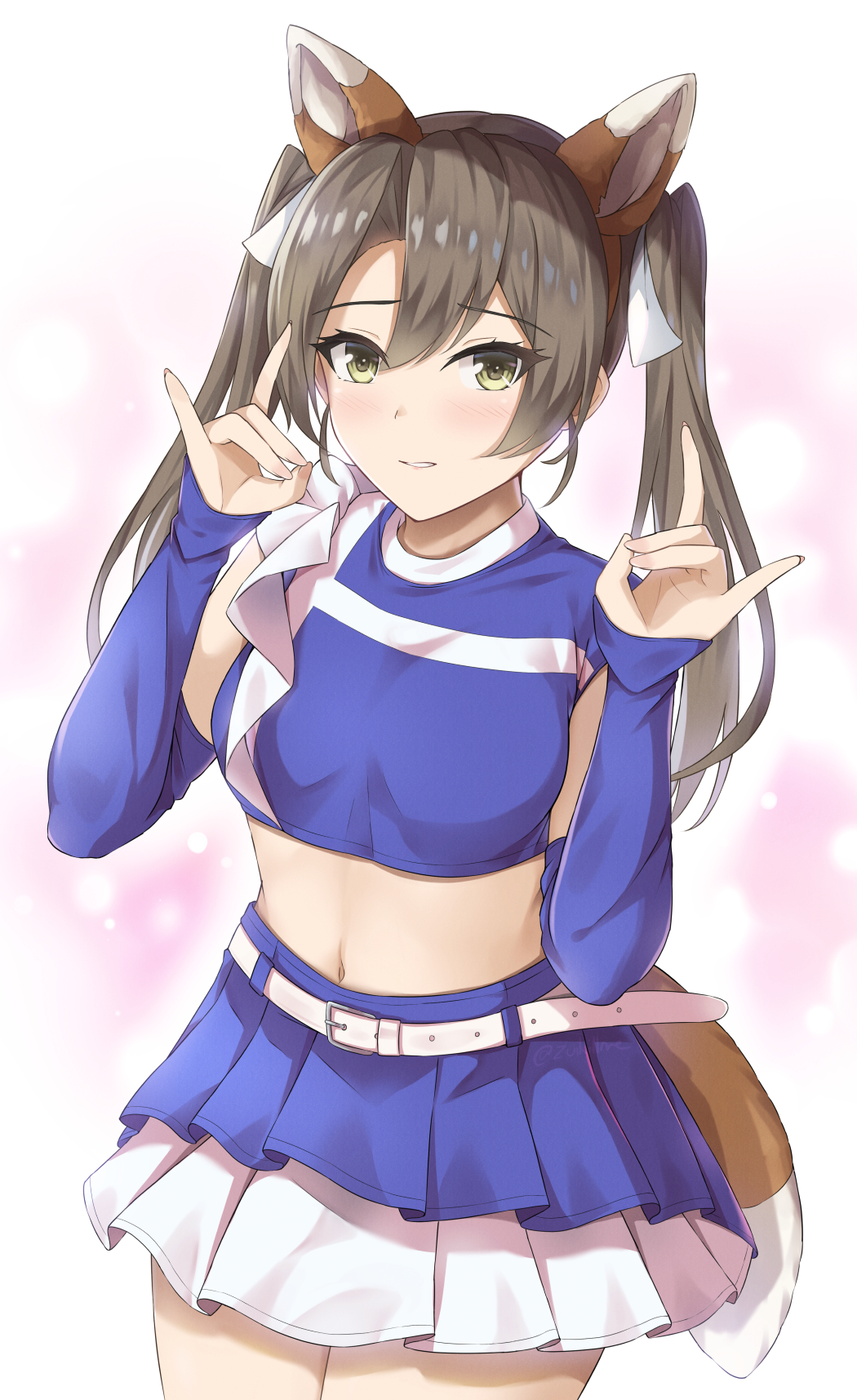 1girl animal_ears belt blue_skirt crop_top dark_green_hair detached_sleeves double_fox_shadow_puppet fake_animal_ears fake_tail fox_ears fox_shadow_puppet fox_tail hands_up highres hokkaido_nippon-ham_fighters kantai_collection kitsune_dance layered_skirt long_hair looking_at_viewer midriff navel nippon_professional_baseball official_alternate_costume paid_reward_available pleated_skirt simple_background skirt sleeves_past_wrists solo tail twintails white_belt yellow_eyes zuikaku_(cheerleader)_(kancolle) zuikaku_(kancolle) zuikillme