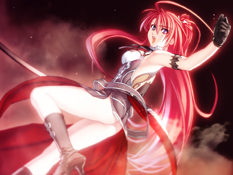 1girl arm_strap armpits black_gloves boots breasts dress floating_hair game_cg gloves grey_boots grey_dress hair_between_eyes high_heel_boots high_heels high_ponytail ignis_(jingai_makyou) jingai_makyou long_hair medium_breasts nishii_(damnedrive) official_art open_mouth ponytail purple_eyes red_hair side_slit sleeveless sleeveless_dress solo very_long_hair