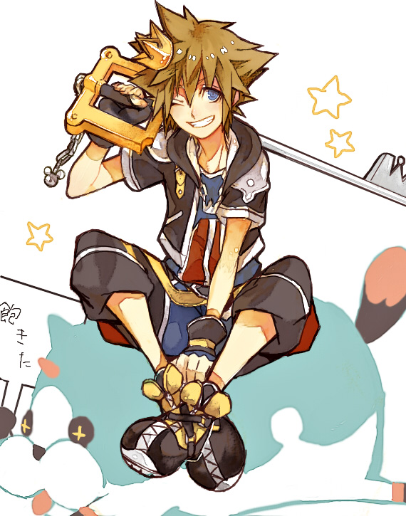 1boy animo_(3895952) bad_id bad_pixiv_id between_legs black_gloves black_jacket blue_eyes brown_hair chain chain_necklace crossed_ankles crown fingerless_gloves full_body gloves grin hand_between_legs holding holding_weapon jacket jewelry keyblade kingdom_hearts kingdom_hearts_3d:_dream_drop_distance kingdom_hearts_ii male_focus mini_crown necklace one_eye_closed open_clothes open_jacket over_shoulder pendant pouch short_hair short_sleeves smile solo sora_(kingdom_hearts) spiked_hair star_(symbol) thigh_pouch weapon weapon_over_shoulder white_background wondernyan_(kingdom_hearts)