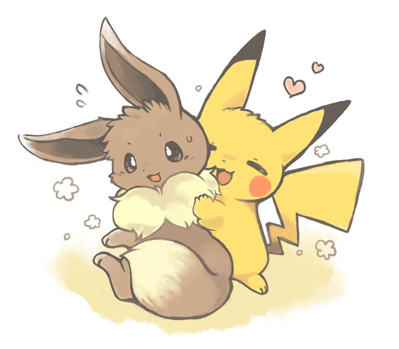 animal_focus brown_eyes closed_eyes creatures_(company) eevee flying_sweatdrops full_body game_freak gen_1_pokemon heart hug konanbo nervous_sweating nintendo no_humans open_mouth pikachu pokemon pokemon_(creature) simple_background sweat sweatdrop white_background
