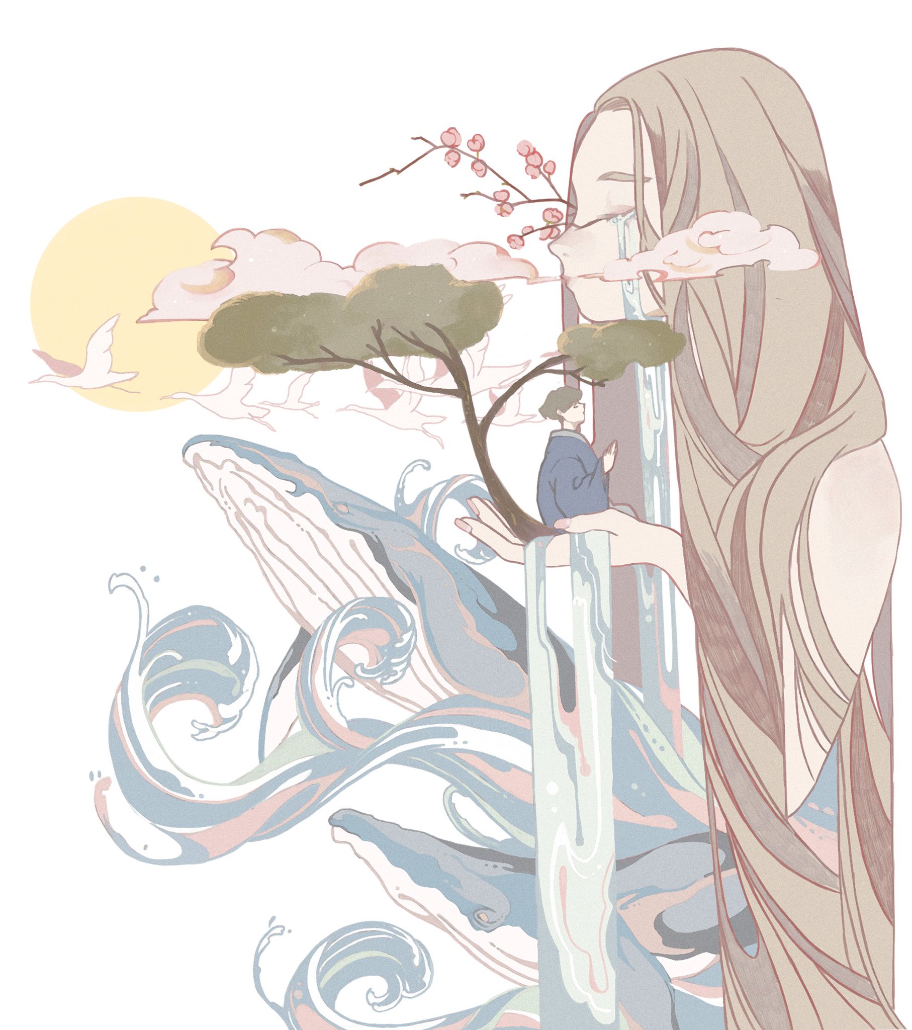 1girl 1other bird black_hair blowing_cloud blue_kimono branch brown_hair closed_eyes cloud commentary_request crying flock flower flying_whale giant giantess grey_background highres holding_tree in_palm japanese_clothes kimono long_hair original own_hands_clasped own_hands_together plum_blossoms praying short_hair sun surie tree very_long_hair water waterfall whale