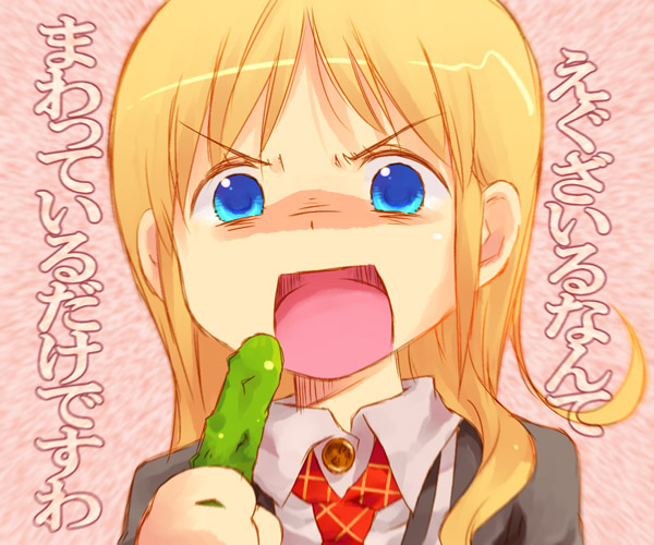 ana_coppola blonde_hair blue_eyes child commentary cucumber ichigo_mashimaro mothra_taro nekokun pickle solo translation_request
