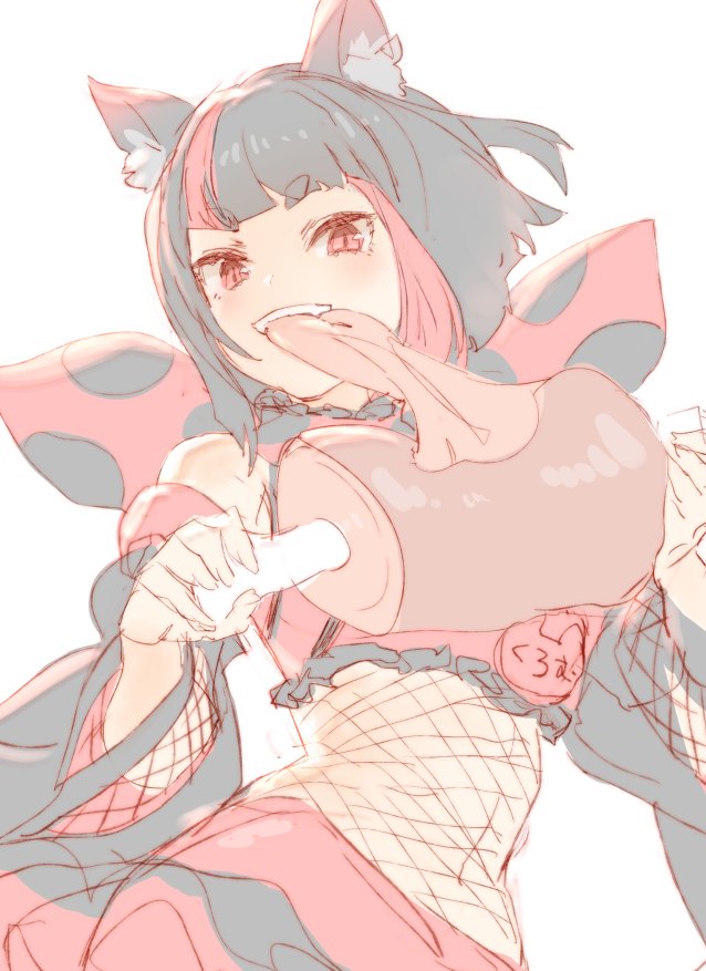 1girl animal_ear_fluff animal_ears animare bare_shoulders black_hair blunt_bangs boned_meat detached_sleeves eating female_focus fishnets food fox_ears holding holding_food inari_kuromu izumi_sai long_sleeves looking_at_viewer meat multicolored_hair name_tag nanashi_inc. navel red_eyes red_hair short_hair simple_background sketch smile solo streaked_hair teeth virtual_youtuber white_background