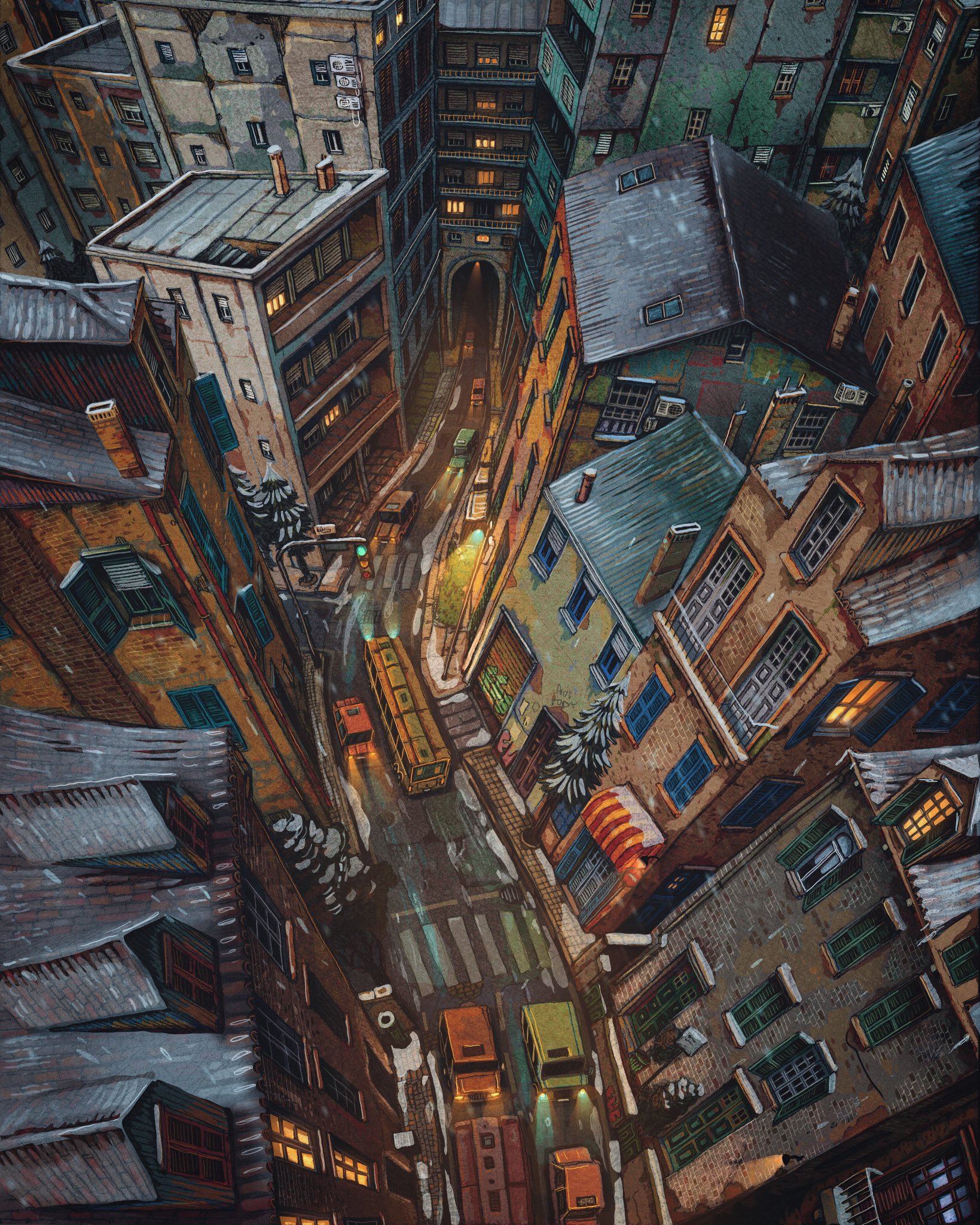 awning balcony building bus car chimney drainpipe francisco_fonseca from_above garage_door graffiti highres house motor_vehicle no_humans open_window_shutter original stairs traffic_light tree truck van vent_(object) window window_blinds window_light window_shutter