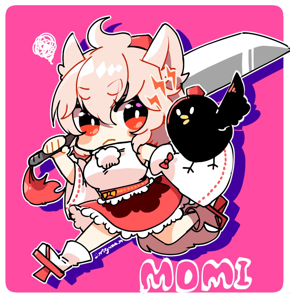 2girls ahoge animal_ears artist_name bird blush_stickers character_name chibi commentary_request crow drop_shadow full_body geta hat holding holding_sword holding_weapon inubashiri_momiji lightning_bolt_symbol long_sleeves multiple_girls pink_background pom_pom_(clothes) red_eyes red_footwear red_headwear red_skirt running shameimaru_aya shameimaru_aya_(crow) shirt short_hair simple_background skirt socks squiggle surigoma sword tail tassel tengu-geta tokin_hat touhou weapon white_hair white_legwear white_shirt wide_sleeves wolf_ears wolf_tail
