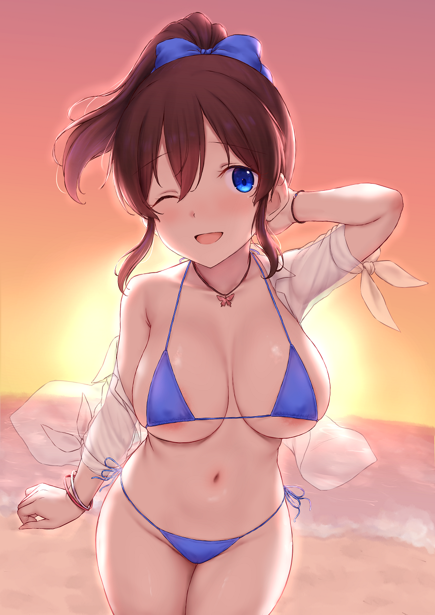 1girl areola_slip arm_up beach bikini blue_bikini blue_eyes bracelet breasts brown_hair butterfly_necklace cai_geng collarbone covered_erect_nipples evening gradient_sky highres idolmaster idolmaster_million_live! jewelry large_breasts looking_at_viewer micro_bikini navel ocean one_eye_closed open_mouth orange_sky outdoors ponytail satake_minako shirt sky smile solo standing sunset swimsuit white_shirt