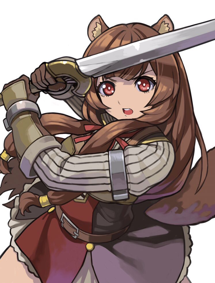 1girl animal_ear_fluff animal_ears armor armored_gloves belt black_dress blunt_bangs breastplate brown_belt brown_gloves brown_hair commentary_request cowboy_shot dress elbow_gloves eyelashes gloves hands_up high_collar holding holding_sword holding_weapon layered_dress leather_armor long_hair long_sleeves looking_at_viewer metal_arm_cuffs metal_hair_tubes metal_wrist_cuffs neck_ribbon open_mouth partial_commentary raccoon_ears raccoon_girl raphtalia red_dress red_eyes red_ribbon ribbon rinx short_dress simple_background solo sword tate_no_yuusha_no_nariagari teeth two-tone_dress upper_teeth_only weapon white_background white_dress