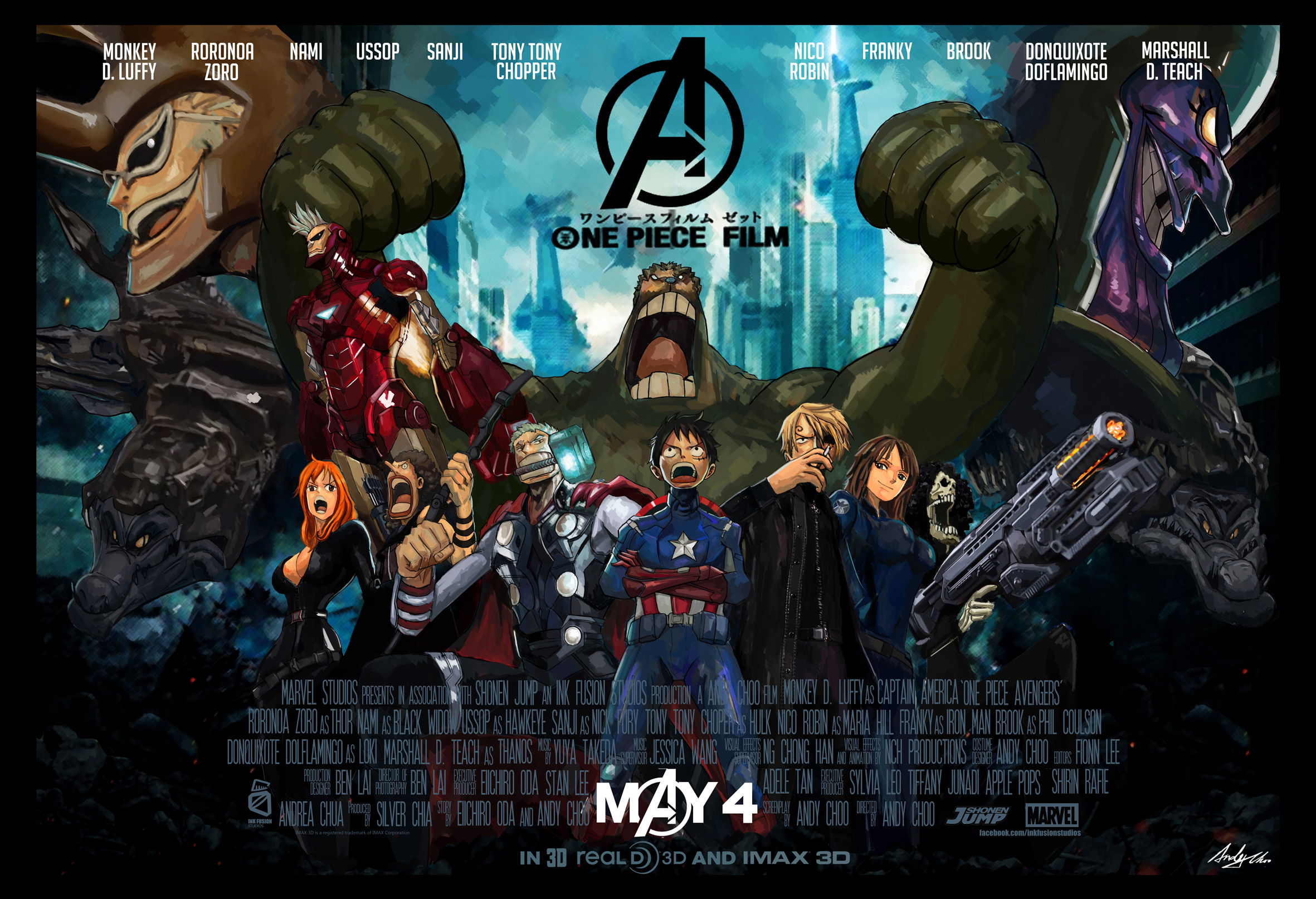 2girls 6+boys afro alien andimoo armor artist_name avengers_(series) black_hair black_widow black_widow_(cosplay) blonde_hair bodysuit bow_(weapon) breasts brook_(one_piece) building cape captain_america captain_america_(cosplay) character_name cigarette cleavage colored_skin copyright_name cosplay crossed_arms crossover dated donquixote_doflamingo eyepatch franky_(one_piece) giant green_hair green_skin gun hammer hawkeye_(marvel) hawkeye_(marvel)_(cosplay) highres hulk hulk_(cosplay) iron_man iron_man_(cosplay) jacket loki_(marvel) loki_(marvel)_(cosplay) lord_of_the_coast maria_hill maria_hill_(cosplay) marshall_d._teach marvel marvel_cinematic_universe monkey_d._luffy mouth_hold movie_poster multiple_boys multiple_girls nami_(one_piece) nick_fury nick_fury_(cosplay) nico_robin one_piece orange_hair parody phil_coulson phil_coulson_(cosplay) power_armor roronoa_zoro sanji_(one_piece) scar shield short_hair signature skeleton sunglasses thanos thanos_(cosplay) thor_(marvel) thor_(marvel)_(cosplay) tony_tony_chopper usopp weapon