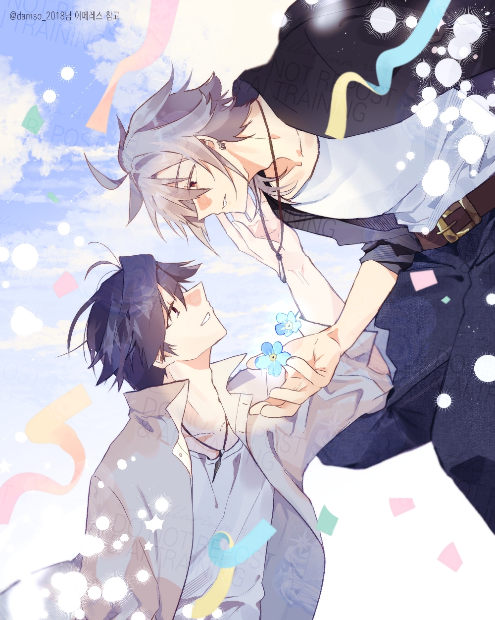 2boys ahoge black_hair crow_armbrust eiyuu_densetsu hair_between_eyes highres jewelry mixed-language_commentary multiple_boys parang_(its_me_ovo) parted_bangs pendant purple_eyes rean_schwarzer red_eyes sen_no_kiseki_(series) short_hair smile twitter_username white_hair