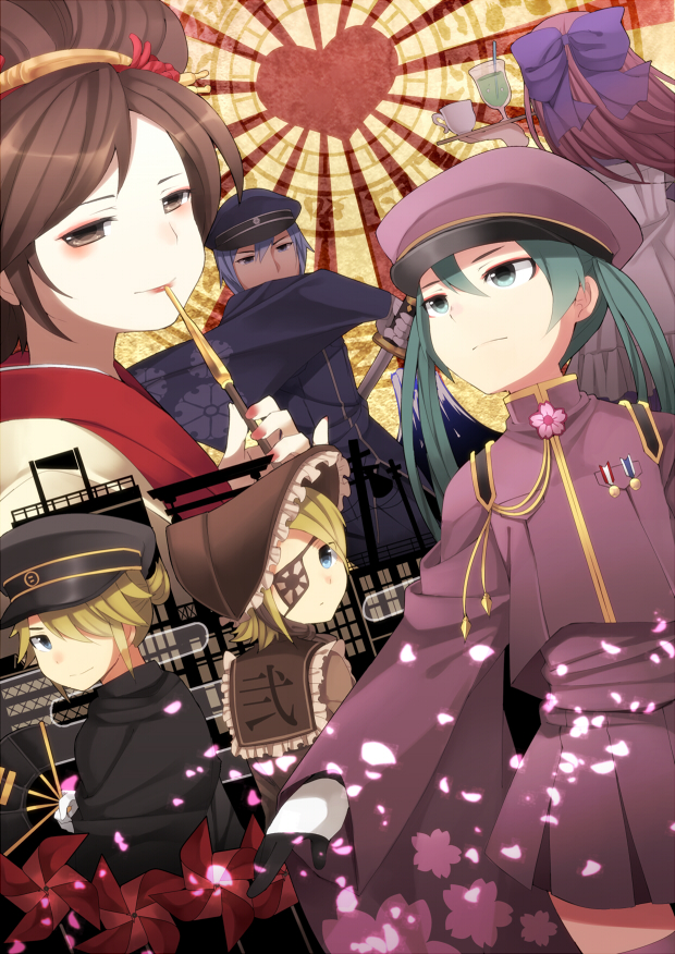 2boys 4girls aqua_eyes aqua_hair blonde_hair blue_eyes blue_hair bow brown_eyes brown_hair cherry_blossoms gloves hair_bow hat hatsune_miku itou_(mogura) japanese_clothes kagamine_len kagamine_len_(ni_no_sakura_senbu) kagamine_rin kagamine_rin_(ni_no_sakura_kouchou) kaito_(rei_no_sakura_sousetsu)_(vocaloid) kaito_(vocaloid) long_hair makeup megurine_luka megurine_luka_(san_no_sakura_fuuka) meiko_(rei_no_sakura_benitsubaki)_(vocaloid) meiko_(vocaloid) multiple_boys multiple_girls peaked_cap petals pink_hair senbon-zakura_(vocaloid) short_hair skirt smile sword twintails vocaloid weapon